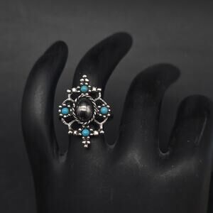 Avon 1974 Mirabella Ring Silver Tone Faux Hematite Faux Turquoise Size 4